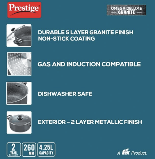 Prestige Omega Deluxe Granite Non-stick Round Base Sauce Pan with Glass Lid (Black)