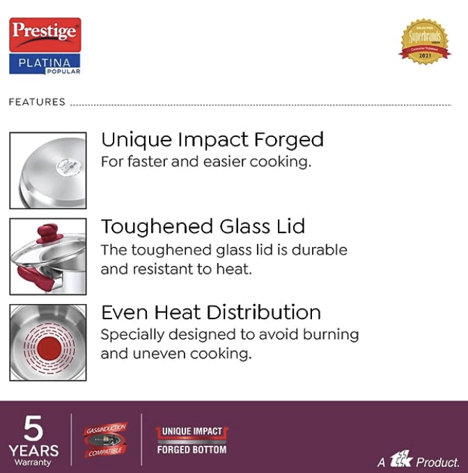 Prestige Platina Popular Stainless Steel Gas and Induction Compatible Casserole with Glass Lid, 240 mm, 5.5 Litre