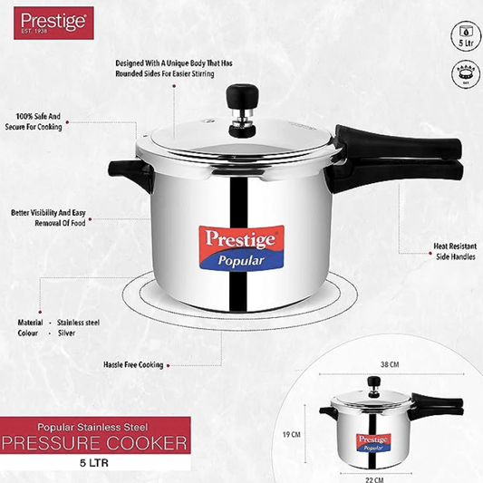 Prestige Popular 5L stainless steel pressure cooker(outer lid)|Ideal for 5-7 person|Gas & induction compatible|Controlled Gasket-Release System|5 years warranty