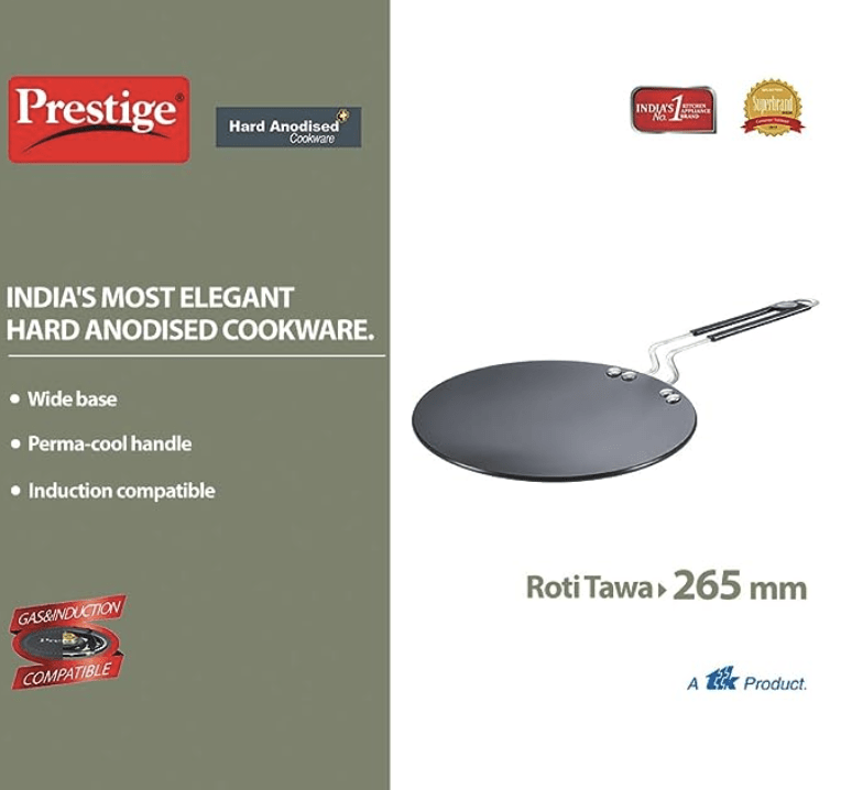 Prestige Hard Anodised Plus Roti Tawa (Black) | Gas and Induction Compatible | Thick Body | Perma Cool Handle