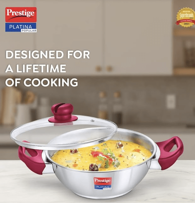 Prestige Platina Popular Stainless Steel Gas and Induction Compatible Kadai with Glass Lid, 260 mm
