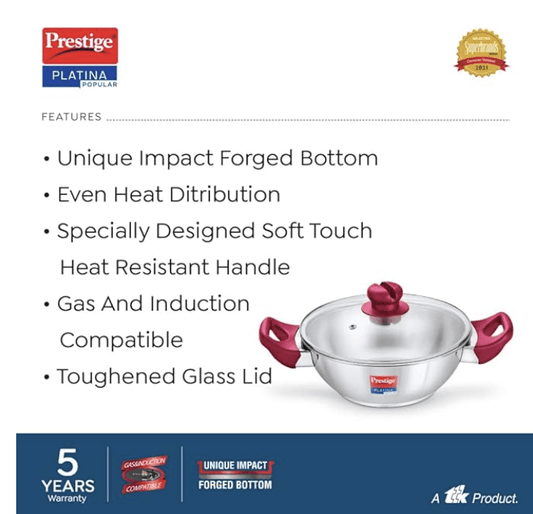 Prestige Platina Popular Stainless Steel Gas and Induction Compatible Kadai with Glass Lid, 260 mm