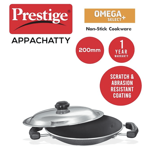 Prestige Omega Select Plus Non-Stick Deep Appachetty with Lid | Black | 20 cm | Residue Free | Scratch Resistant | Comfortable Grip | Spoon Friendly