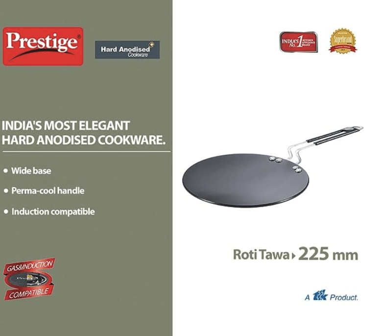 Prestige Hard Anodised Plus Cookware Induction Base Roti Tawa | Black | 22.5cm | Perma-Cool Handles | Wide Base | Hand Washable