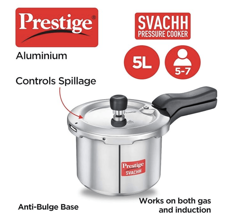 Prestige Svachh Aluminium Outer Lid Pressure Cooker, With Spillage Control, 5L, Silver