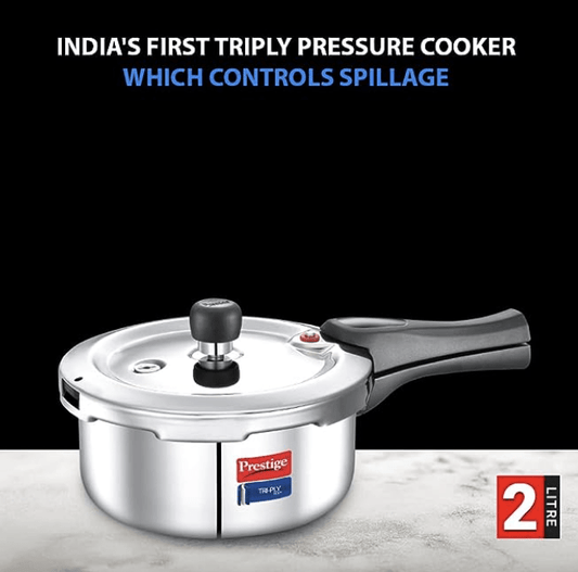 Prestige Svachh Triply Outer Lid Pressure Cooker with Unique Deep Lid for Spillage Control, 2 Litre, Silver, 304 Stainless Steel Inner Surface, Thick Gauge Aluminium