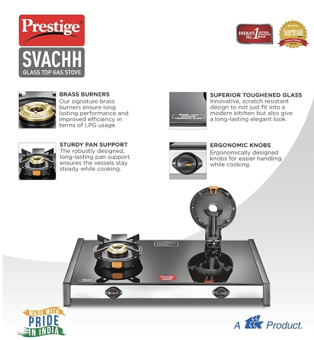 Prestige Svachh GTSV-02 Easy Clean Glass-Top 2 Brass Burner LPG Gas Table | Black | Liftable Burner Set | Sturdy Pan Support | Ergonomic Knob Design | Rubber Bottom Pads