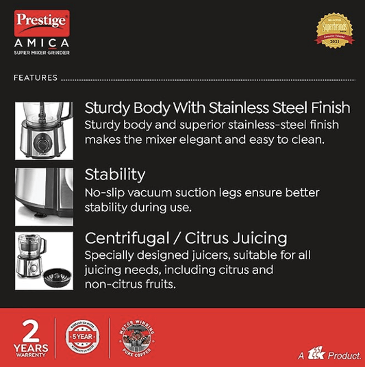 Prestige 1000 W Amica Super Mixer Grinder|5 Jars with Multiple Accessories(Slicer,Shredder,Finger Chip Disc,Chopper,Kneader)|2 years warranty on product & 5 years warranty on motor| (Black and Silver)