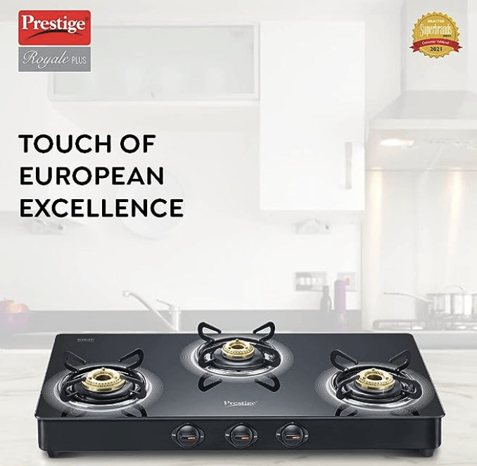 Prestige Royale Plus Schott Glass 3 Burner Gas Stove, Manual Ignition, Black