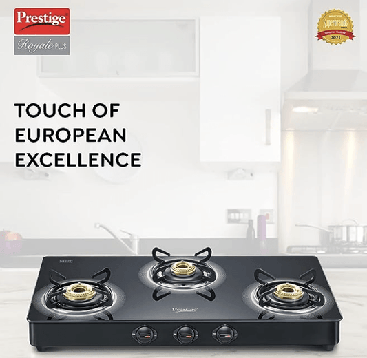 Prestige Royale Plus Schott Glass 3 Burner Gas Stove, Manual Ignition, Black
