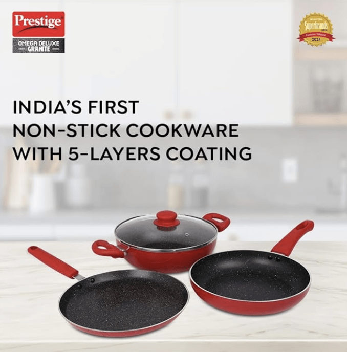 Prestige Omega Deluxe Granite Non-Stick Cookware 3 Pc Set| PFOA Free 5-Layer Coating | Omni Tawa 25 cm | Fry Pan 24 cm | Kadai with Glass Lid 24 cm | Crimson Red