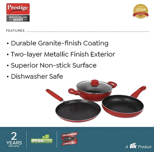 Prestige Omega Deluxe Granite Non-Stick Cookware 3 Pc Set| PFOA Free 5-Layer Coating | Omni Tawa 25 cm | Fry Pan 24 cm | Kadai with Glass Lid 24 cm | Crimson Red