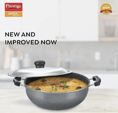 Prestige Aluminium Omega Select Plus Non-Stick Round Base Kadhai with Lid, 25 cm, Black