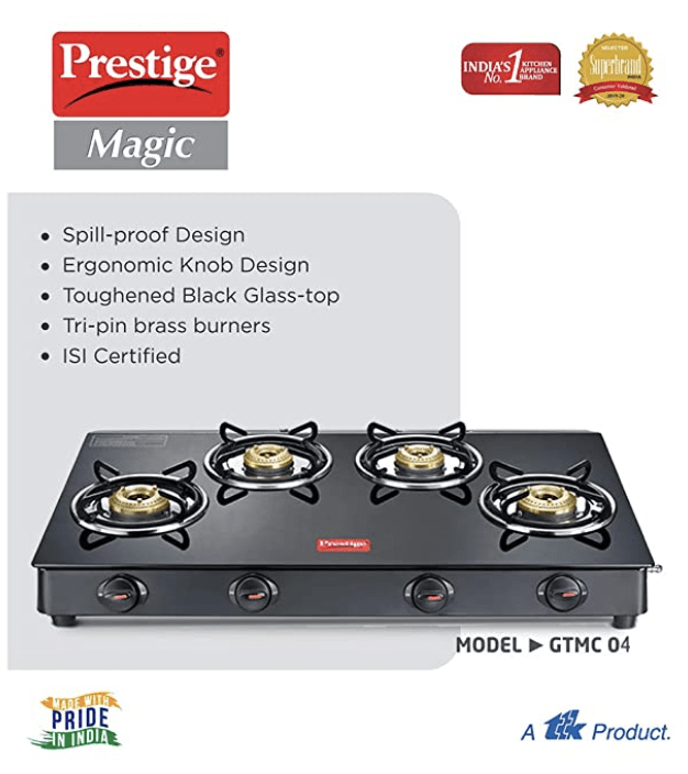Prestige Magic 4 Burner Gas Stove- GTMC 04 L, Black Colour, Glass, Manual