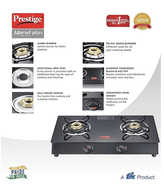 Prestige Marvel Plus 2 Burner Glass Top, Gas Stove (GTM 02, Black) - Manual Ignition