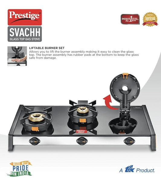 Prestige Svachh GTSV-03 Easy Clean Glass-Top 3 Brass Burner LPG Gas Table | Black | Liftable Burner Set | Sturdy Pan Support | Ergonomic Knob Design | Rubber Bottom Pads