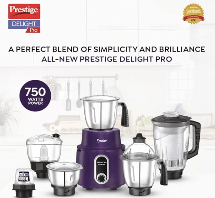 பிரெஸ்டீஜ் டிலைட் ப்ரோ மிக்சர் கிரைண்டர் 750 W, 6 ஜாடிகள், (1500 மிலி, 1000 மிலி, 1500 மிலி, 450 மிலி) (ஊதா)