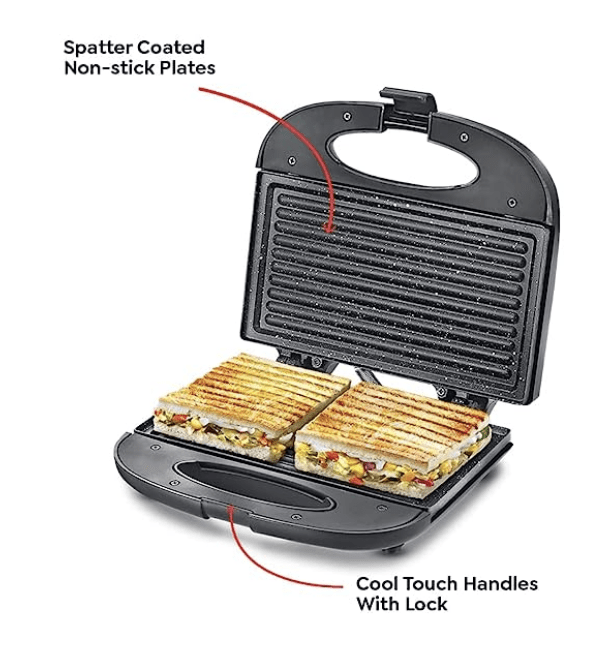 प्रेस्टीज पीजीएफएसपी - स्पैटर कोटेड नॉन-स्टिक सैंडविच टोस्टर, फिक्स्ड ग्रिल प्लेट के साथ, काला