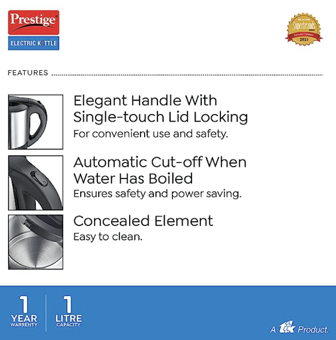 Prestige Electric Kettle Pkss (1350 Watts) 1.0Ltr-Stainless Steel,1 Liter