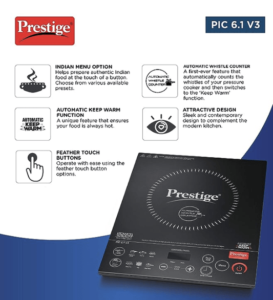 प्रेस्टीज PIC 6.1 V3 PIC 2200 वॉट इंडक्शन कुकटॉप | काला | स्वचालित सीटी काउंटर | फेदर टच बटन | गर्म रखने का फंक्शन | डुअल हीट सेंसर