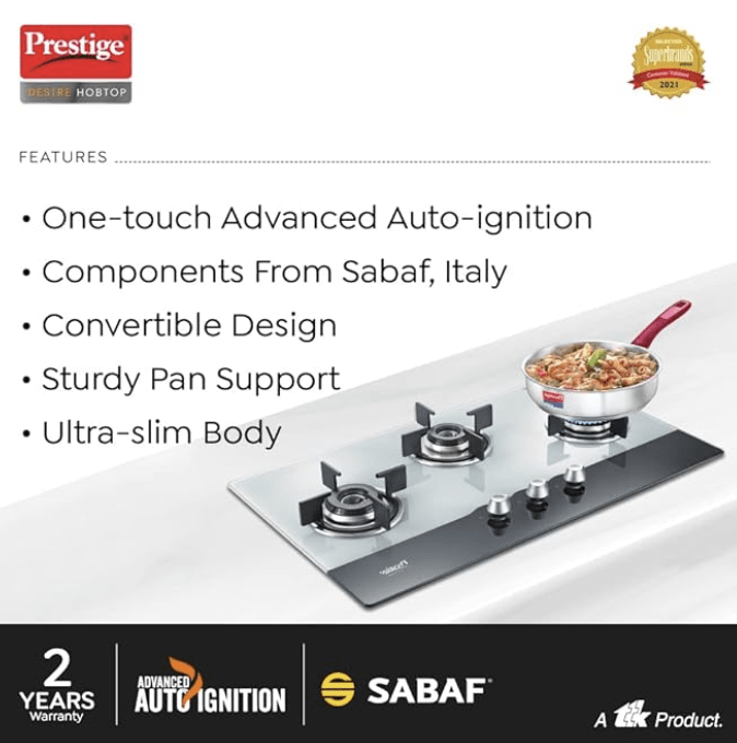 Prestige Desire Hob Top PHTD 03 Al, 3 Burner & Advanced auto Ignition