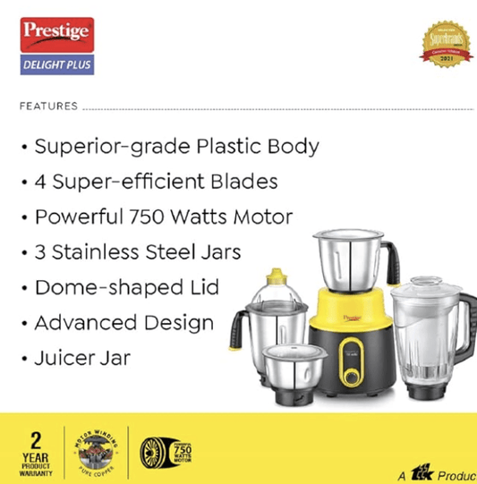 Prestige Delight Plus 750 W Mixer Grinder (With 3 SS Jars and 1 Juicer Jar)