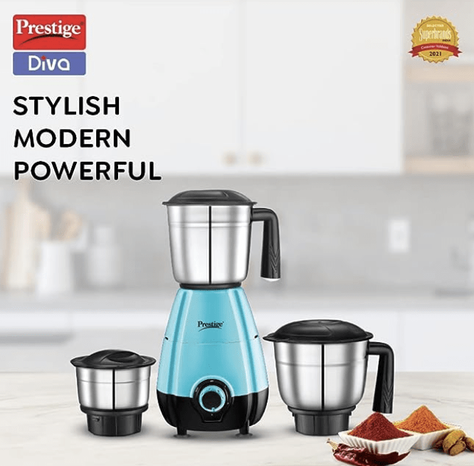 Prestige 500 Watts DIVA Mixer Grinder with 3 stainless Steel Jars|3 super efficient blades|2 years warranty|(Blue & Black)