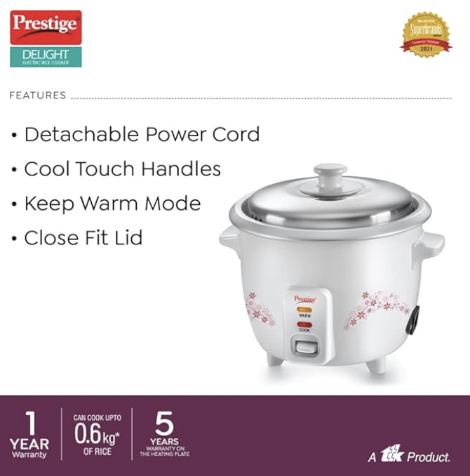 பிரெஸ்டீஜ் டிலைட் PRWO 1.5 லிட்டர் எலக்ட்ரிக் ரைஸ் குக்கர் | பிரிக்கக்கூடிய பவர் கார்டு | நீடித்து உழைக்கும் உடல் | குளிர்ச்சியான தொடு கைப்பிடிகள் | வெள்ளை | தயாரிப்புக்கு 1 வருட உத்தரவாதம் & வெப்பமூட்டும் தட்டில் 5 வருட உத்தரவாதம்