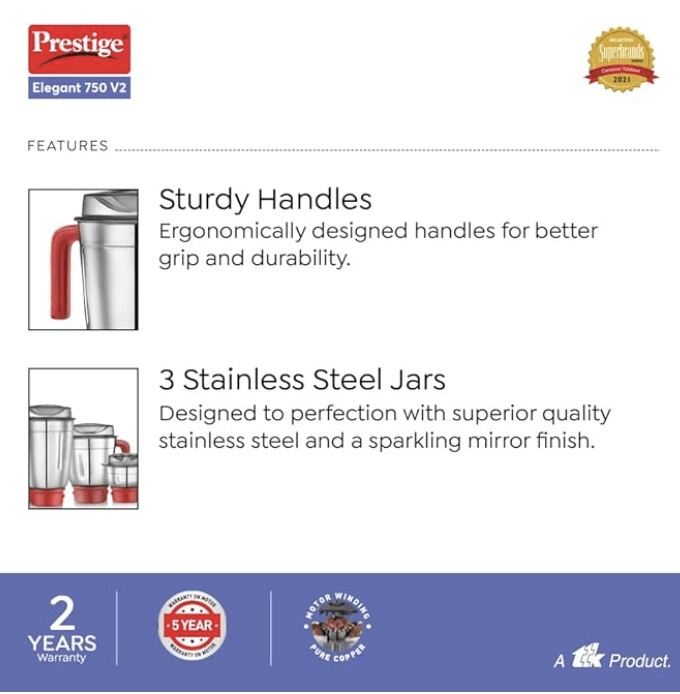 பிரெஸ்டீஜ் எலிகண்ட் V2 மிக்சர் கிரைண்டர் 750 வாட்