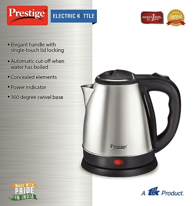 Prestige 1.5 Litres Electric Kettle (PKOSS 1.5)|1500W | Silver - Black| Automatic Cut-off | Stainless Steel | Rotatable Base | Power Indicator | Single-Touch Lid Locking