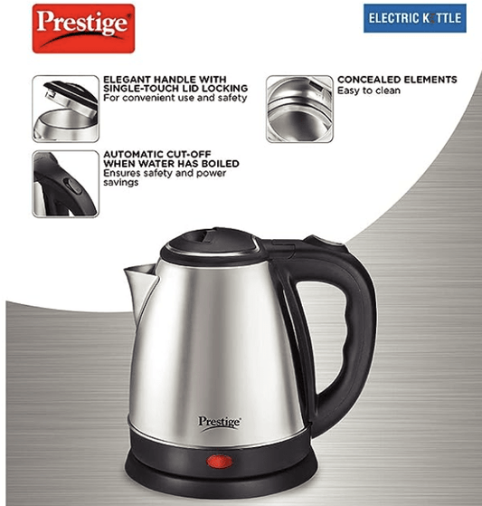 Prestige 1.8 Litres Electric Kettle (PKOSS 1.8)| 1500W| Silver - Black| Automatic Cut-off | Stainless Steel | Rotatable Base | Power Indicator | Single-Touch Lid Locking