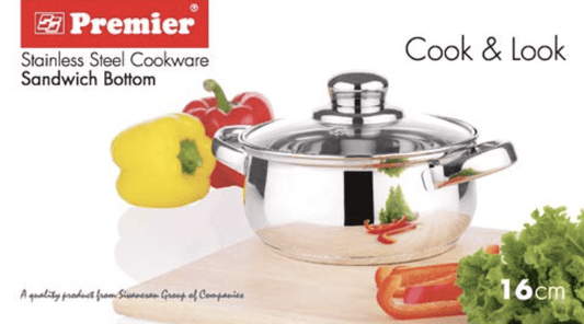 PREMIER Stainless Steel Cook & Look with Glass LID with Sandwich Bottom 16CM CODE-0061711