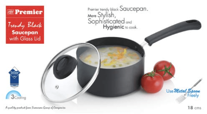 Premier Trendy Black Non Stick Sauce Pan with Glass Lid 18cm Code-129031