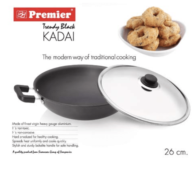 Premier Trendy Black Non Stick Kadai with SS Lid 26cm Code-129041