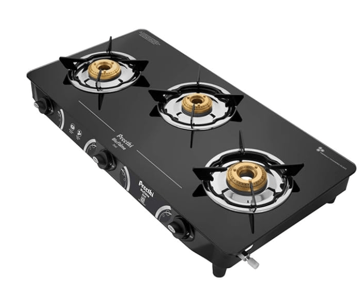 Preethi - GTS124 Zeal glass top 3 burner gas stove, Manual Ignition, Black