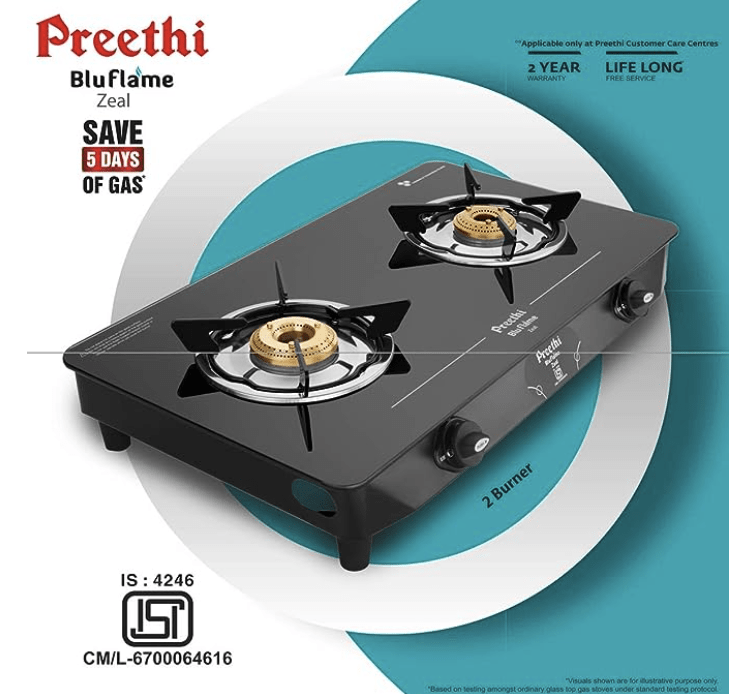 Preethi - GTS123 Zeal Glass top 2 Burner Gas Stove, Manual Ignition, Black