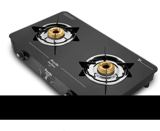 Preethi - GTS123 Zeal Glass top 2 Burner Gas Stove, Manual Ignition, Black