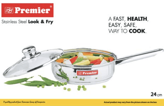 Premier Stainless Steel Induction Friendly Frying Pan 24cm with Glass Lid