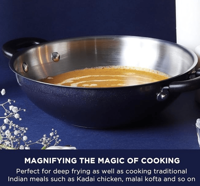Meyer Centennial Nickel Free Kadai | Steel Kadhai for Deep Frying | Stainless Steel Cookware | Deep Kadai | kadai with lid for Cooking | Steel kadhai Induction Base, 22cm, Blue Diamond