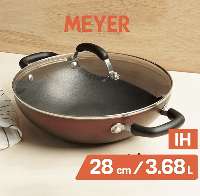 Meyer Merlot Aluminium Non-Stick Kadai | Kadhai with Glass Lid | Kadai for Deep Frying and Stir Frying | Gas and Induction Compatible ) 100% Toxic Free, 28cm/ 3.68 Litre