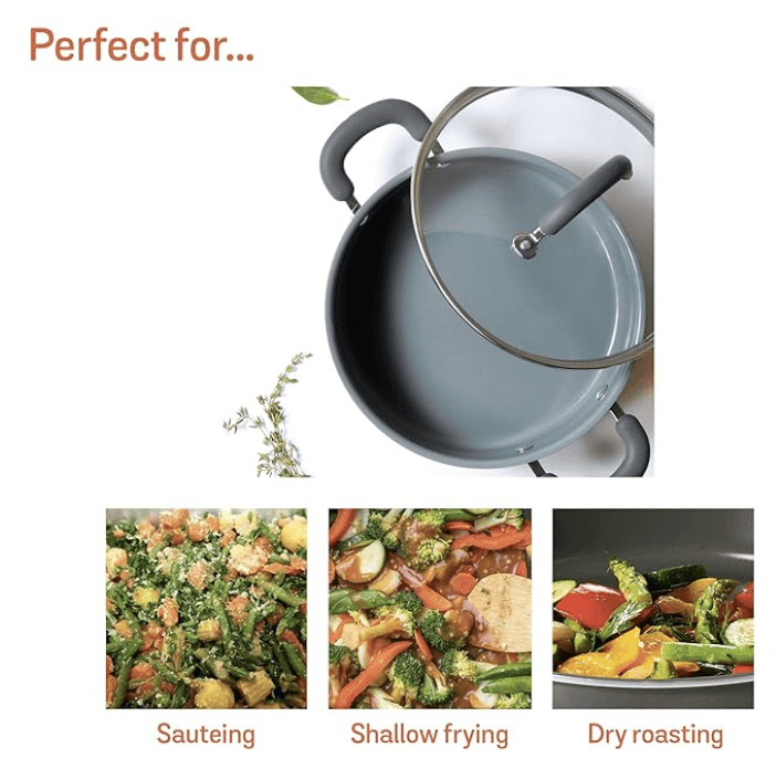 Meyer Anzen Healthy Ceramic Coated Sauteuse with Glass Lid | Ceramic Pan Cooking | Induction Pan | Non Stick Ceramic Pan | Ceramic Coated Cookware, 24 cm, Grey