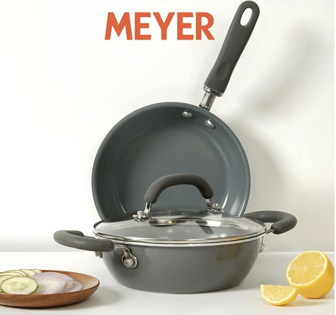 Meyer Anzen Healthy Ceramic Coated Cookware Frypan, 20cm with Kadai, 20cm with Interchangeable Lid, 20cm, Grey, 3-Piece Set