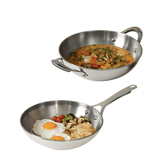Meyer Select Nickel Free Stainless Steel 26cm Frypan + 26cm Kadhai/Wok 3-Piece Cookware Set With Interchangeable Lid (Induction & Gas Compatible), Silver