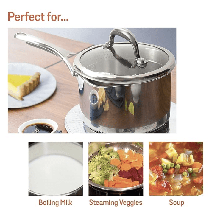 Meyer Select Nickel Free Stainless-Steel Saucepan | Sauce pan with triply Base| Sauce Pot with Straining Glass Lid |Milk pan with Lid | Gas and Induction Compatible, 18cm/ 2.73 Liters, Silver