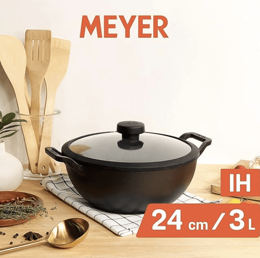 Meyer Pre Seasoned Cast Iron Kadai|Iron Kadhai with Lid for Cooking and Deep Frying | Heavy Base Iron Kadai Small Size | Gas Stove and Induction Friendly 24cm/ 3 Liters, Black