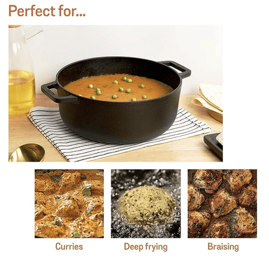 Meyer Pre-Seasoned Cast Iron Dutch Oven | Biryani Pot | Cast Iron Casserole with Heavy Bottom |Cooking Pot with Lid| Biryani Pot Induction Bottom| Stew Pot| Cast Iron Cookware, 20cm/ 2.8 Litre, Black