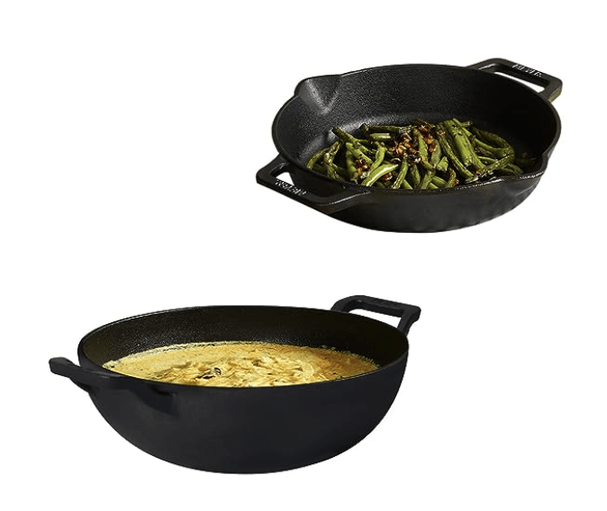 Meyer Pre- Seasoned Cast Iron 3 Piece Cookware Set - 26cm Skillet + 26cm Kadai with Interchangeable Lid | Iron Utensils for Cooking | Cast Iron Cookware for Kitchen |Induction Iron Pan, Black