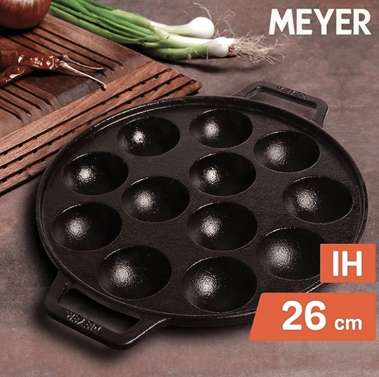 Meyer Pre Seasoned Cast Iron 12 Cavity Appam Patra | Paniyaram Pan Cast Iron | Appam Pan | Pan Cake | Paddu Maker | Appam Maker | Ponganal Maker | Appe Pan | Litti Maker with 2 Side Handle, 20cm