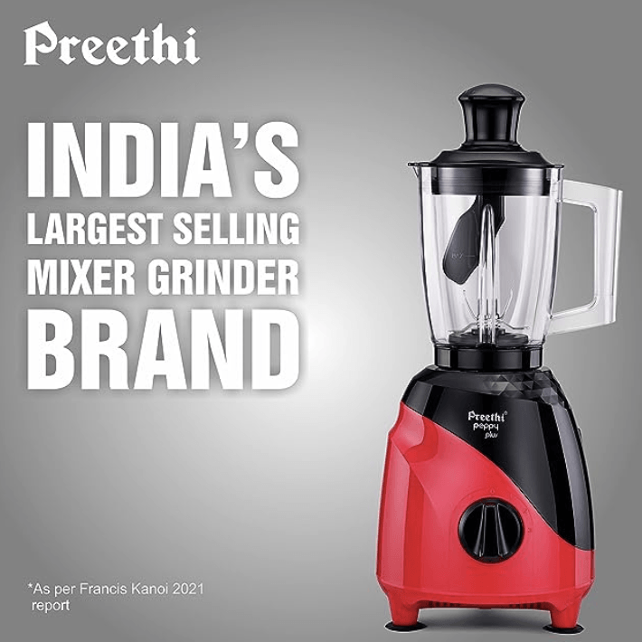 Preethi Peppy Plus MG-246 Mixer Grinder, 750 watt, Red-Black, 4 Jars - Super Food Jar with Texture Builder & 3D Airflow Technology, Vega W5 Motor with 5yr Warranty & Lifelong Free Service, Standard