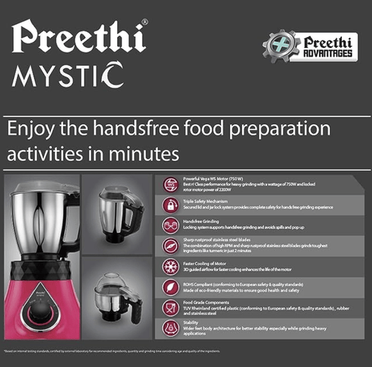 Preethi Mystic MG238 Mixer Grinder, 750 watt with 3 Jars, Pink